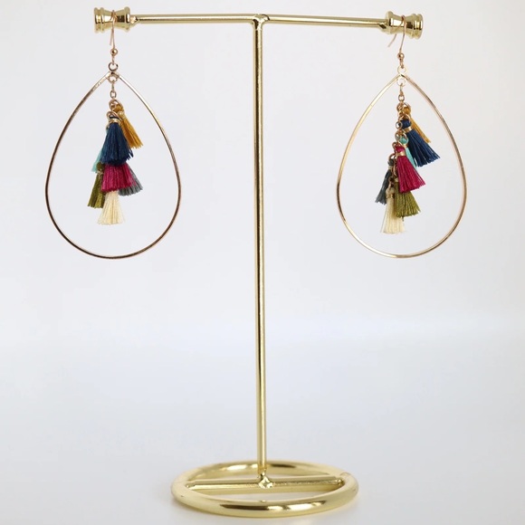 Ethel & Myrtle Gold Teardrop Dangle Earrings with Multicolor Tassels, 3” Drop - Picture 12 of 12